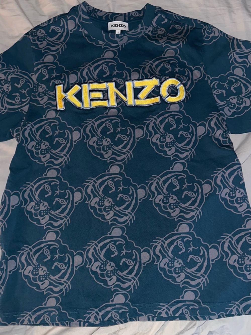 Kenzo Teal Tee with Yellow Logo and Light Gray Tiger Print